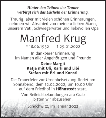 Traueranzeige von Manfred Krug von Mitteldeutsche Zeitung Halle/Saalkreis
