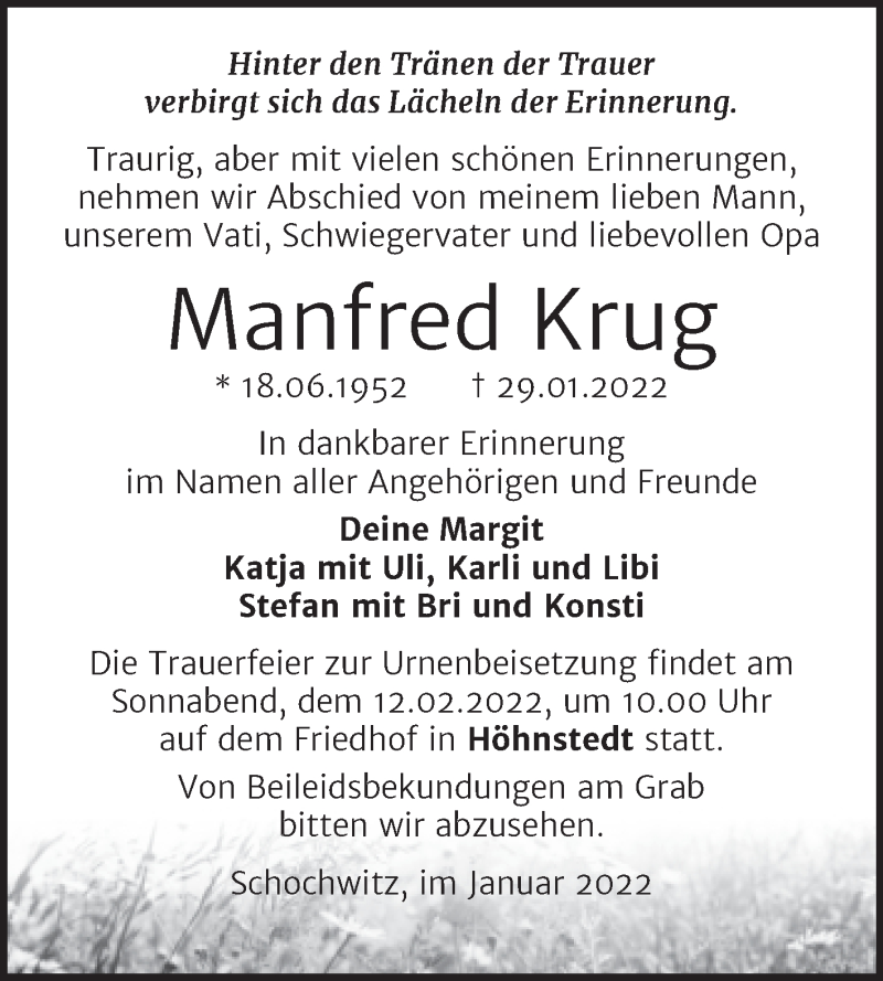  Traueranzeige für Manfred Krug vom 05.02.2022 aus Mitteldeutsche Zeitung Halle/Saalkreis