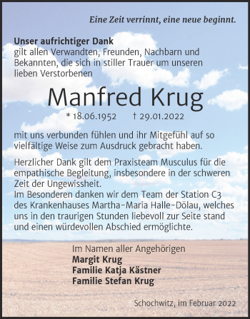Traueranzeige von Manfred Krug von Mitteldeutsche Zeitung Halle/Saalkreis