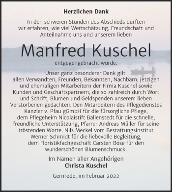 Traueranzeige von Manfred Kuschel von Trauerkombi Quedlinburg