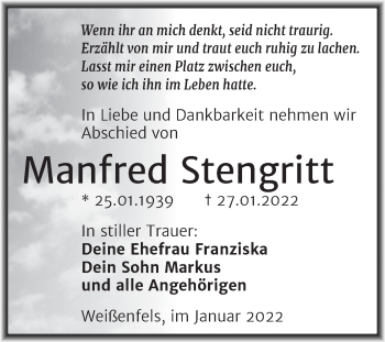 Traueranzeige von Manfred Stengritt von Trauerkombi Weißenfels