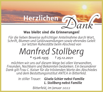 Traueranzeige von Manfred Stollberg von Trauerkombi Bitterfeld