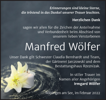 Traueranzeige von Manfred Wölfer von Trauerkombi Mansfelder Land