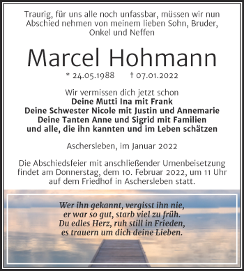 Traueranzeige von Marcel Hohmann von Trauerkombi Aschersleben