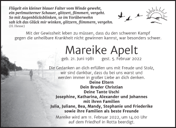 Traueranzeige von Mareike Apelt von Trauerkombi Wittenberg