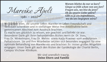Traueranzeige von Mareike Apelt von Trauerkombi Wittenberg