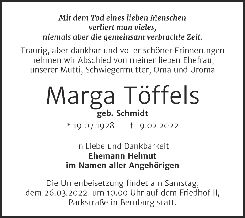  Traueranzeige für Marga Töffels vom 26.02.2022 aus Trauerkombi Bernburg