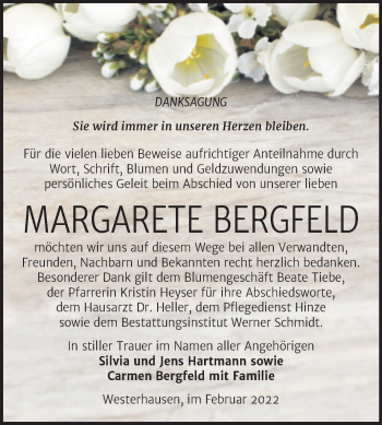 Traueranzeige von Margarete Bergefeld von Trauerkombi Quedlinburg