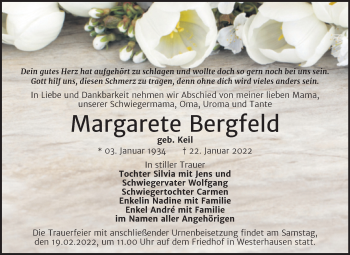 Traueranzeige von Margarete Bergfeld von Trauerkombi Quedlinburg