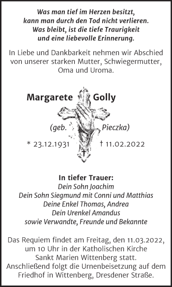 Traueranzeige von Margarete Golly von Trauerkombi Wittenberg
