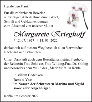 Traueranzeige von Margarete Krieghoff von Trauerkombi Sangerhausen