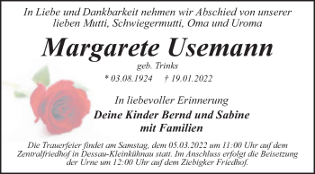 Traueranzeige von Margarete Usemann von Trauerkombi Dessau