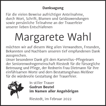 Traueranzeige von Margarete Wahl von Trauerkombi Sangerhausen