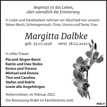 Traueranzeige von Margitta Dalbke von Trauerkombi Weißenfels