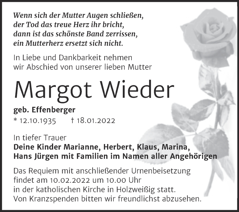  Traueranzeige für Margot Wieder vom 02.02.2022 aus Trauerkombi Bitterfeld