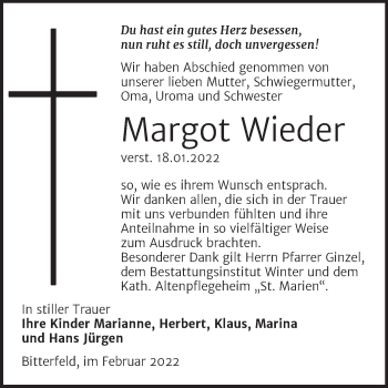 Traueranzeige von Margot Wieder von Trauerkombi Bitterfeld