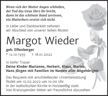 Traueranzeige von Margot Wieder von Trauerkombi Bitterfeld