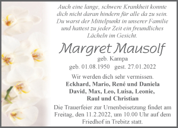 Traueranzeige von Margret Mausolf von Mitteldeutsche Zeitung Halle/Saalkreis
