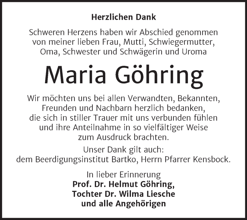  Traueranzeige für Maria Göhring vom 19.02.2022 aus Mitteldeutsche Zeitung Köthen