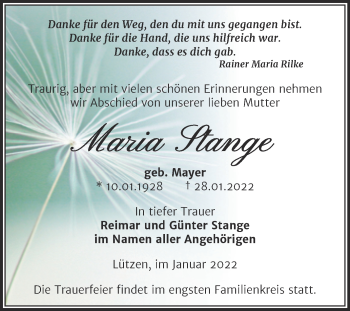 Traueranzeige von Maria Stange von Trauerkombi Weißenfels