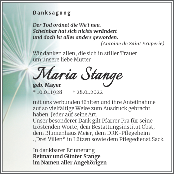 Traueranzeige von Maria Stange von Trauerkombi Weißenfels