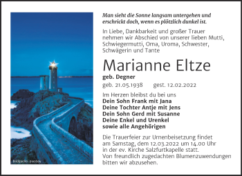 Traueranzeige von Marianne Eltze von Trauerkombi Bitterfeld