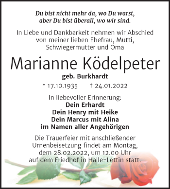 Traueranzeige von Marianne Ködelpeter von Mitteldeutsche Zeitung Halle/Saalkreis
