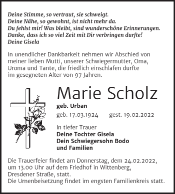 Traueranzeige von Marie Scholz von Mitteldeutsche Zeitung