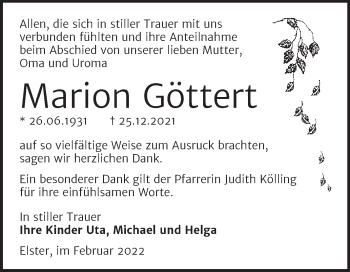 Traueranzeige von Marion Göttert von Trauerkombi Wittenberg