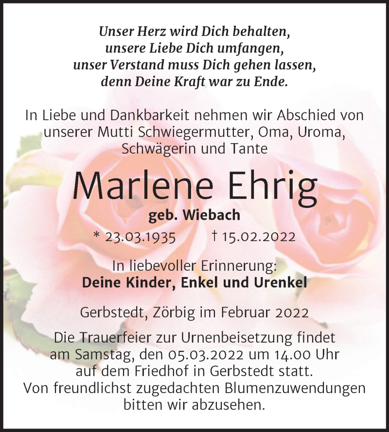  Traueranzeige für Marlene Ehrig vom 19.02.2022 aus Trauerkombi Mansfelder Land