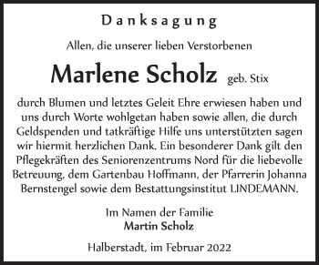 Traueranzeige von Marlene Scholz von Trauerkombi Quedlinburg