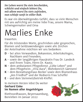 Traueranzeige von Marlies Enke von Trauerkombi Sangerhausen