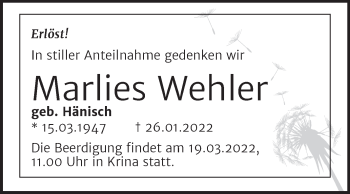 Traueranzeige von Marlies Wehler von Mitteldeutsche Zeitung Bitterfeld