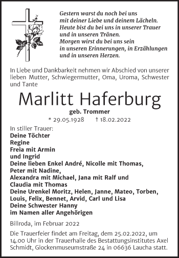Traueranzeige von Marlitt Haferburg von Wochenspiegel Naumburg/Nebra