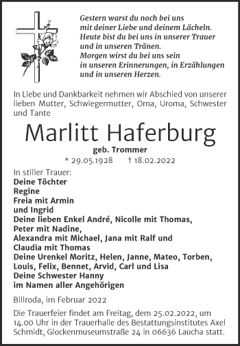 Traueranzeige von Marlitt Haferburg von Naumburger Tageblatt
