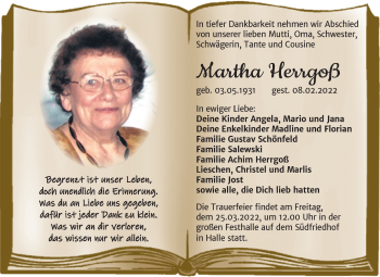 Traueranzeige von Martha Herrgoß von Mitteldeutsche Zeitung Halle/Saalkreis