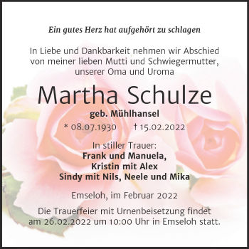 Traueranzeige von Martha Schulze von Trauerkombi Sangerhausen