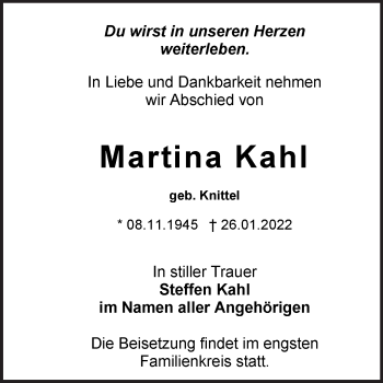 Traueranzeige von Martina Kahl von Mitteldeutsche Zeitung Weißenfels