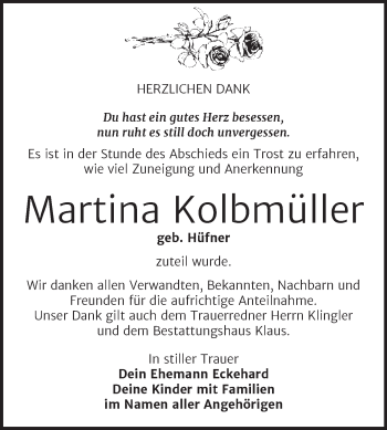 Traueranzeige von Martina Kolbmüller von Trauerkombi Weißenfels