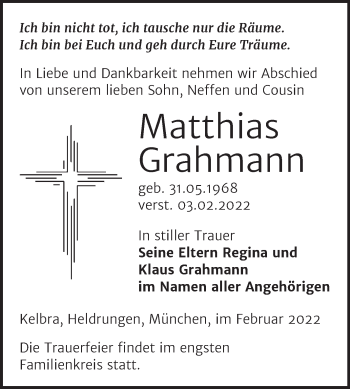 Traueranzeige von Matthias Grahmann von Super Sonntag Sangerhausen