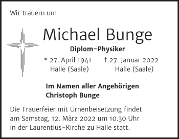 Traueranzeige von Michael Bunge von Mitteldeutsche Zeitung Halle/Saalkreis