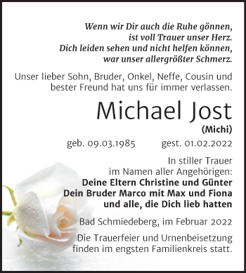 Traueranzeige von Michael Jost von Trauerkombi Wittenberg