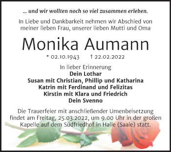 Traueranzeige von Monika Aumann von Mitteldeutsche Zeitung Halle/Saalkreis