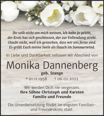 Traueranzeige von Monika Dannenberg von Trauerkombi Bernburg