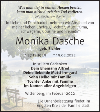 Traueranzeige von Monika Dasche von Trauerkombi Wittenberg