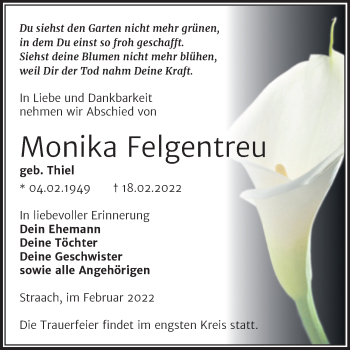 Traueranzeige von Monika Felgentreu von Trauerkombi Wittenberg