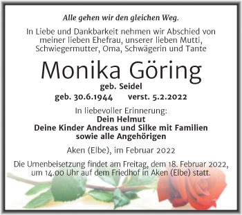 Traueranzeige von Monika Göring von Trauerkombi Köthen