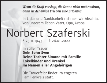 Traueranzeige von Norbert Szaferski von Trauerkombi Dessau