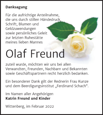 Traueranzeige von Olaf Freund von Trauerkombi Wittenberg