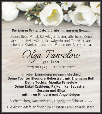 Traueranzeige von Olga Fanselow von Trauerkombi Aschersleben